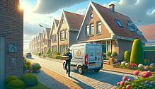 Pakketbezorger van een koeriersdienst die pakket met bestelauto bezorgd
