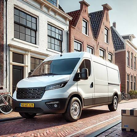 Witte bestelauto geparkeerd in een smalle Nederlandse straat met bakstenen huizen en geparkeerde fietsen, perfect voor zakelijke en particuliere verzekeringsdoeleinden.