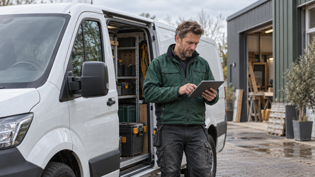 Zakelijke bestelautoverzekering voor ondernemers Ondernemer met tablet naast een witte bestelbus met gereedschap bij een werkplaats