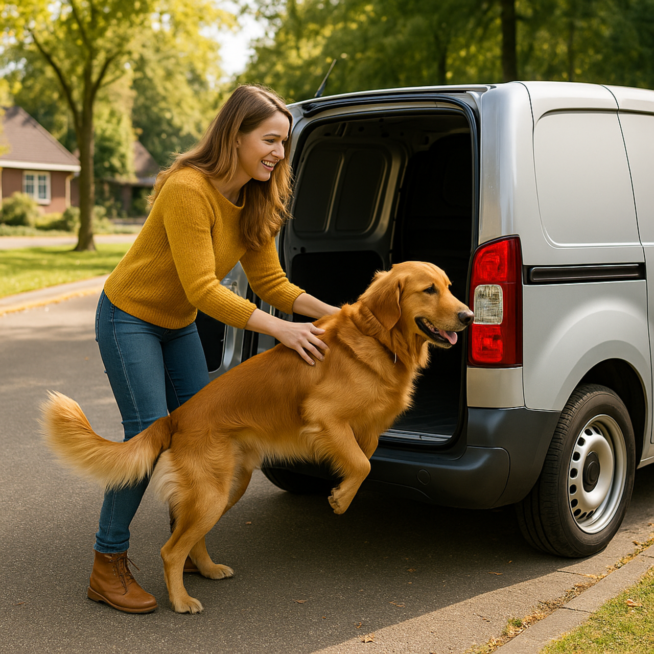 grijs-kenteken-particulier-verzekeren Een jonge vrouw parkeert haar grijs kenteken bestelauto in een woonwijk en helpt haar hond de laadruimte in, als voorbeeld van niet-zakelijk gebruik waarvoor een particuliere bestelautoverzekering nodig is. Grijs kenteken particulier verzekeren