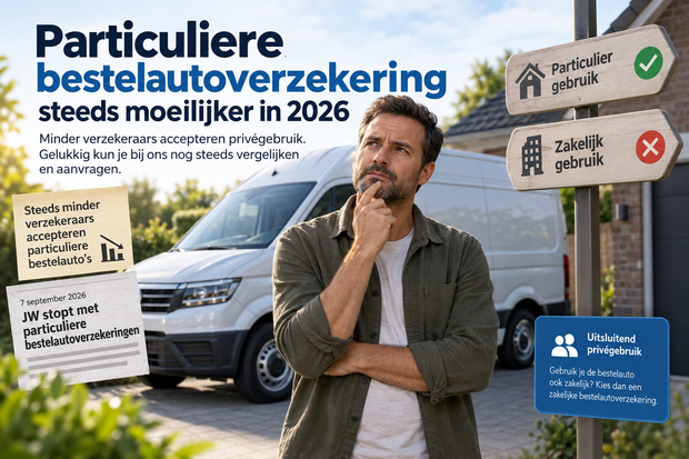 Particulier met bestelauto bij woning, met illustratie van particulier en zakelijk gebruik van een bestelauto