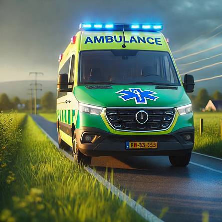 Een ambulance op een weg, met een groene grasomgeving en heldere blauwe lucht, symbool voor bescherming en zorg bij verkeersongevallen