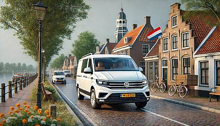Volkswagen Crafter bestelautoverzekering Een Volkswagen Crafter rijdend door een dorp langs een rivier