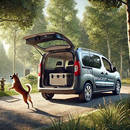 Peugeot Partner met grijs kenteken in het bos - Praktisch en veelzijdig Peugeot Partner met grijs kenteken geparkeerd op een bosparkeerplaats, met de achterklep open en een hond die uit de laadruimte springt.