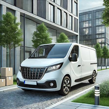 Zakelijke bestelauto op moderne locatie - ASR Bestelautoverzekering Een witte zakelijke bestelauto geparkeerd op een nette parkeerplaats, met een moderne stedelijke achtergrond en kantoorgebouw, omringd door groen. Deze afbeelding straalt professionaliteit en betrouwbaarheid uit, passend bij de bestelautoverzekering van ASR.
