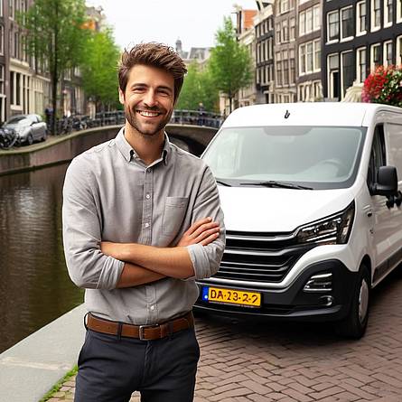Een ondernemer die bij zijn bestelauto staat in een stad langs een gracht