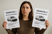 dekking bestelautoverzekering kiezen Mevrouw die twijfelt tussen twee aanbiedingen voor bestelautoverzekeringen en de juiste dekking moet kiezen