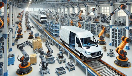 Over ons bestelautoverzekeringen.eu Bestelauto die op een lopende band door robotarmen wordt geassembleerd