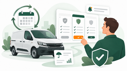 Jaarlijkse automatische vergelijking van je bestelautoverzekering Illustratie van een bestelauto waarbij verschillende verzekeringsopties jaarlijks automatisch worden vergeleken.