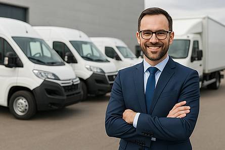 wagenparkverzekering Illustratie van een wagenpark met bedrijfsauto’s en een verzekeringsadviseur voor zakelijke wagenparkverzekering in Nederland