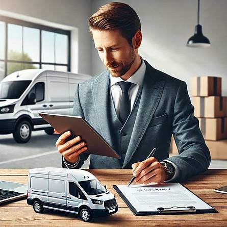 Bestelautoverzekering afsluiten – Online vergelijken en besparen Ondernemer vergelijkt bestelautoverzekeringen om online af te sluiten met een model bestelauto op het bureau en een tablet in de hand.